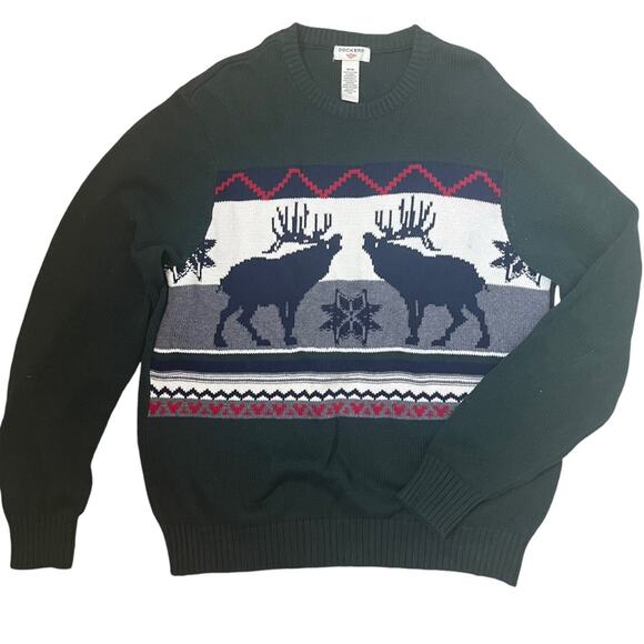 Holiday Dad Sweater Mens Medium Green Cotton Knit Moose Elk Snowflake Gift Idea - Picture 1 of 9